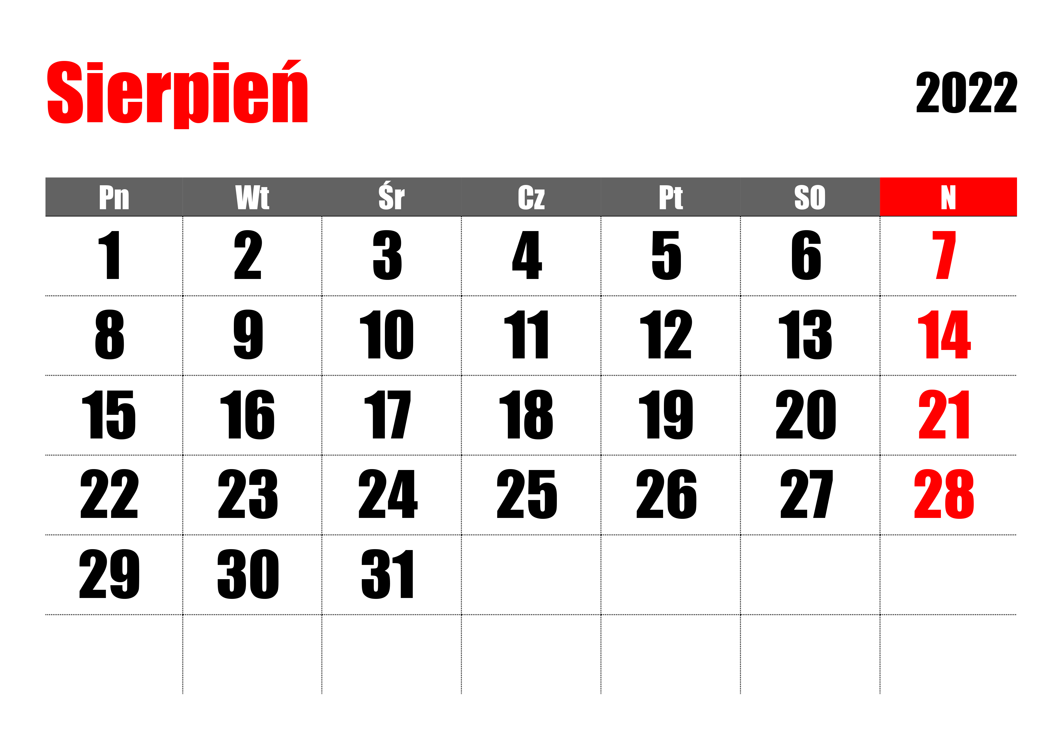 Miesięczny kalendarz - sierpień 2022