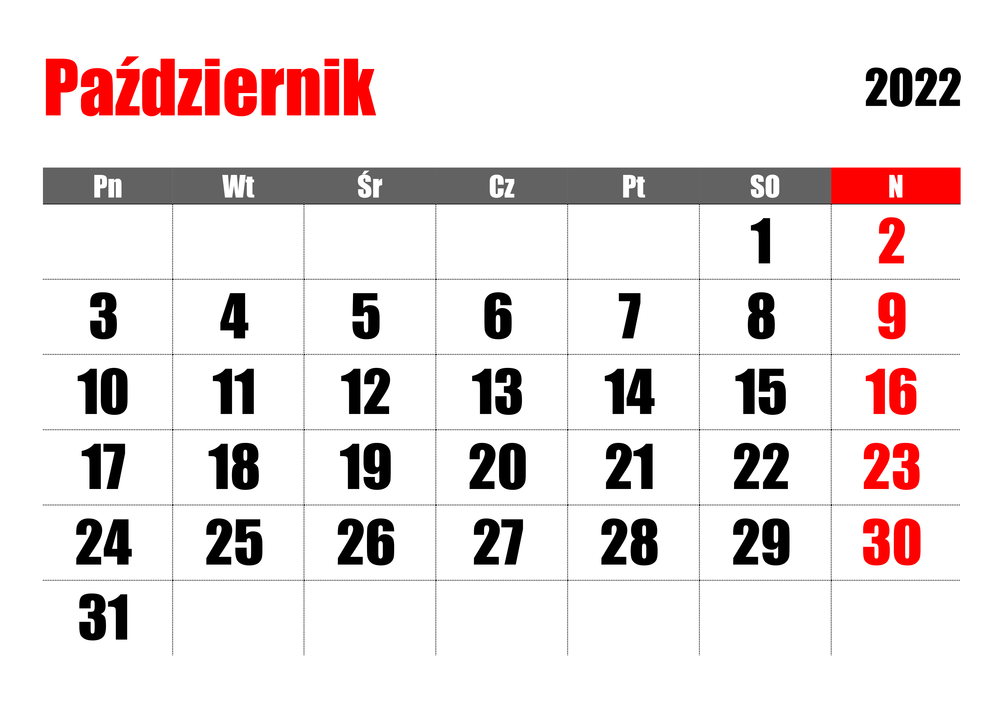 Miesięczny kalendarz - październik 2022