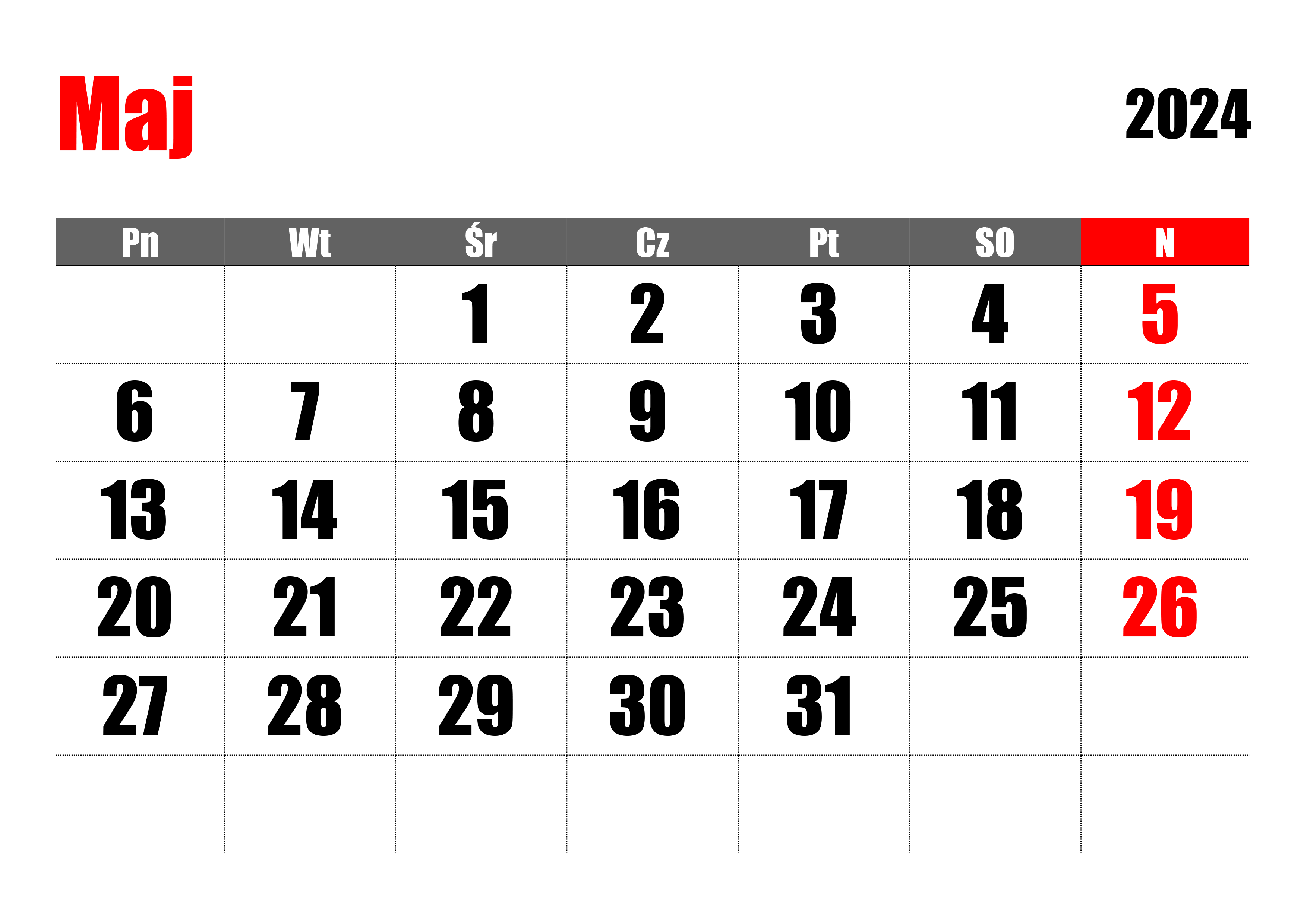 Kalendarz Maj 2024