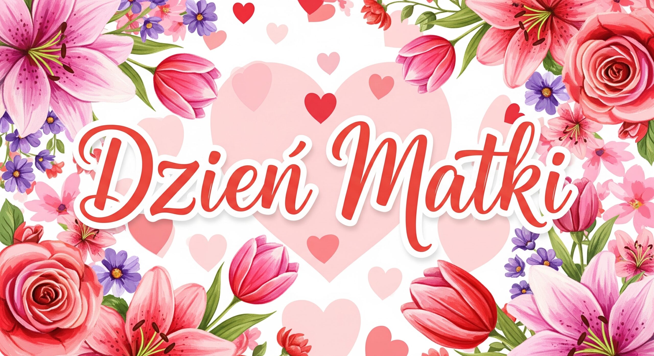 Dzień Matki - napis na tle serduszek i kwiatów.