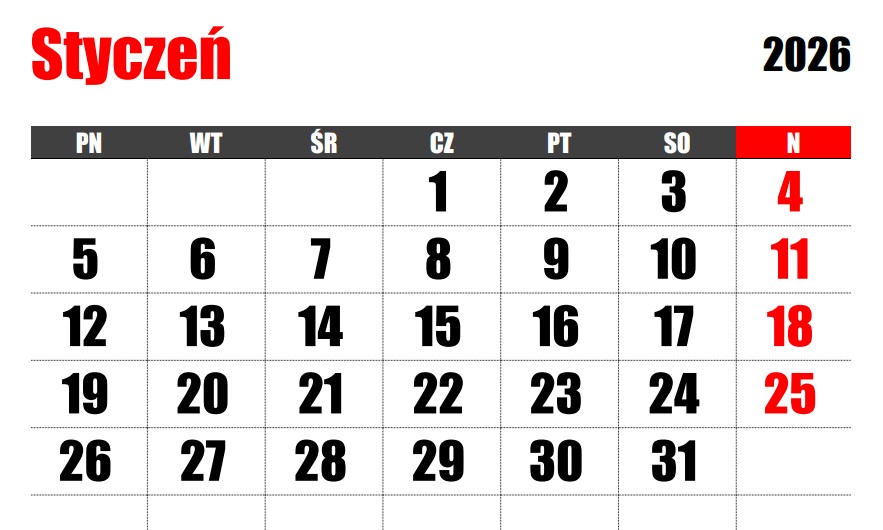 kalendarz styczeń 2026 (źródło: kalendarz.su)