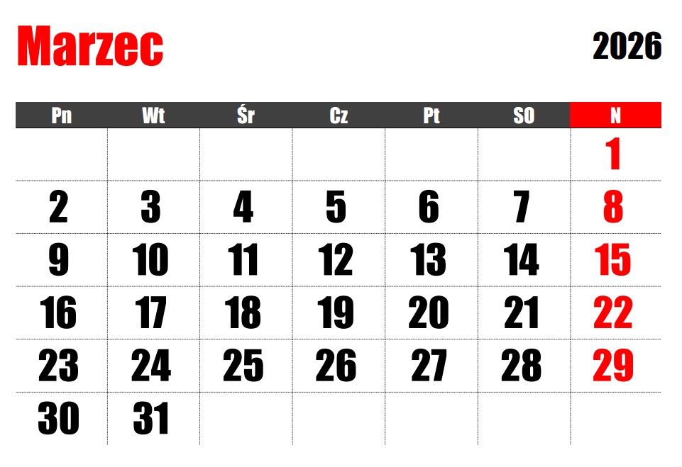 kalendarz marzec 2026