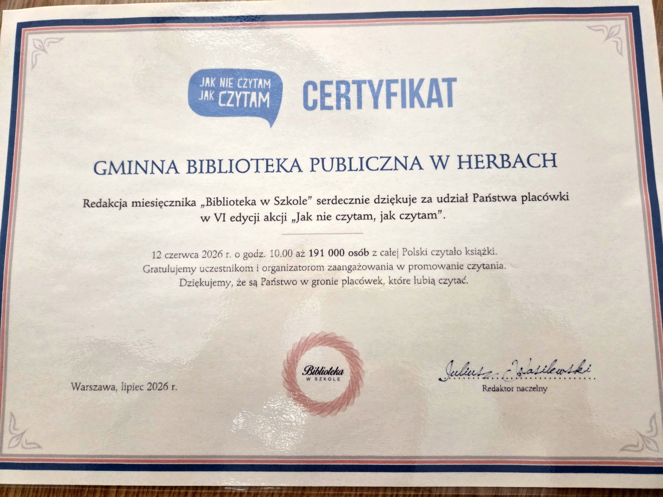 Zdjęcie certyfikatu uczestnictwa w akcji
