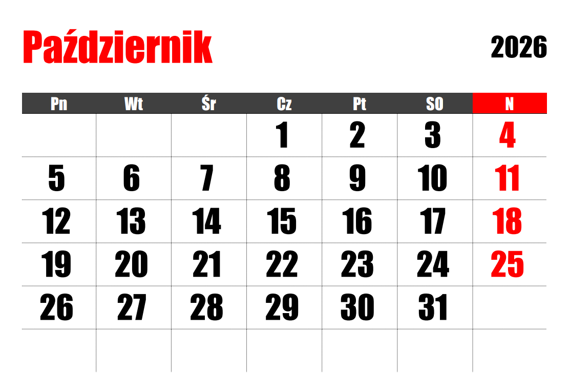 Kalendarz - październik 2026 - źródło: kalendarz.su